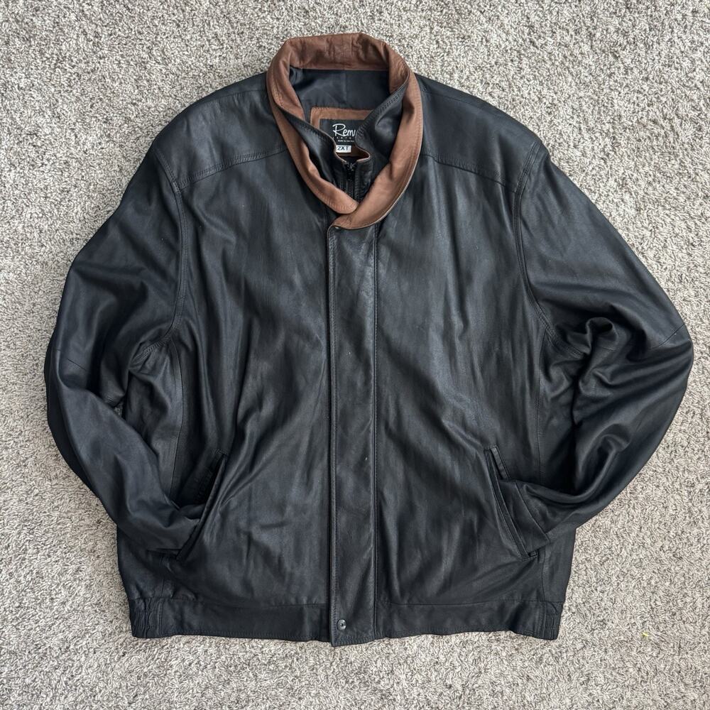 VTG Remy Men’s Black Brown Double Collar Lambskin Leather Jacket 2XT Made In USA